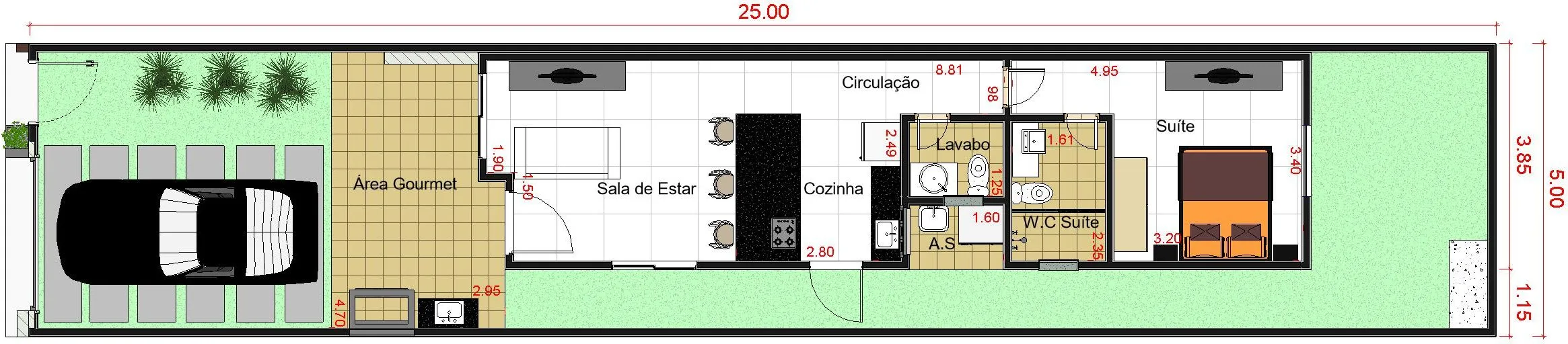 Projeto de casa térrea com 64,74 m², suíte, área gourmet e 2 banheiros, ideal para lote de 5x25m
