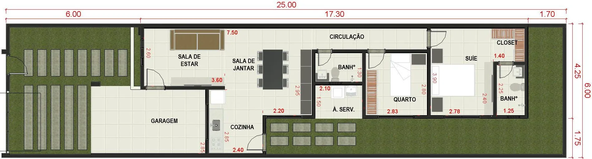 Projeto de casa com 90,36 m² de área construída, suíte com closet, 2 quartos, 1 vaga de garagem e 2 banheiros, ideal para lote de 6x25m