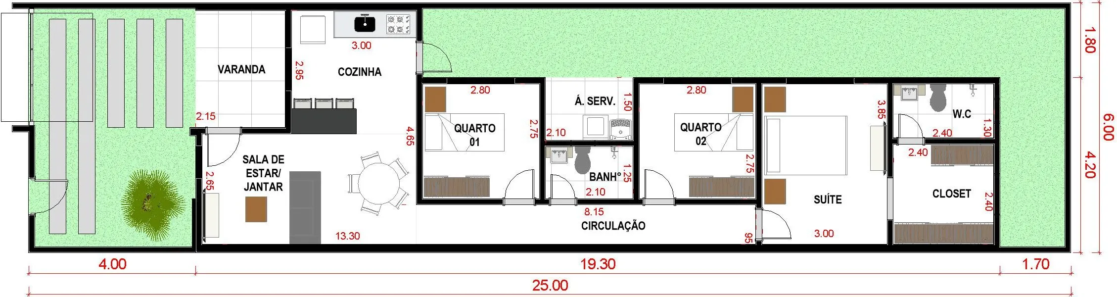 Projeto de casa térrea com 90,87 m² de área construída, suíte, 2 banheiros, 1 vaga de garagem e closet para lote de 6x25 metros