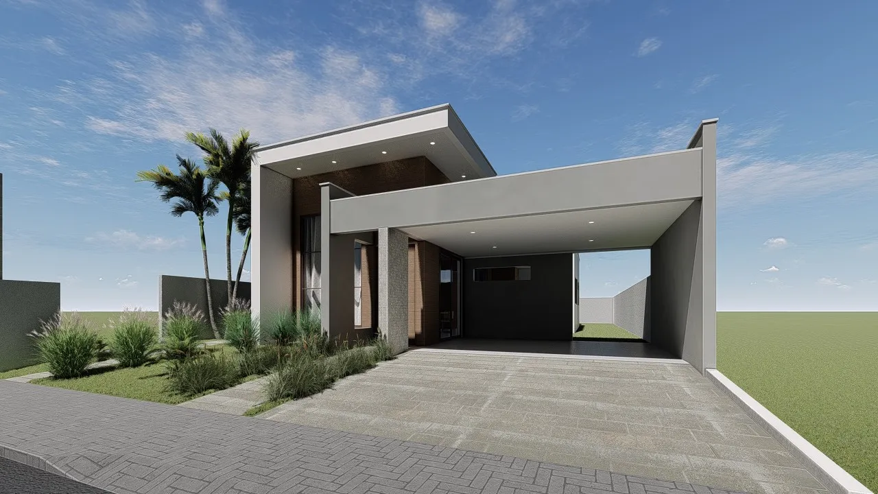 Projeto de casa térrea com 157,74 m², 2 suítes, 4 quartos, 2 vagas de garagem, 4 banheiros, closet e área gourmet. Perfeito para lote de 12x25m. Disponível no site Solidar Projetos.