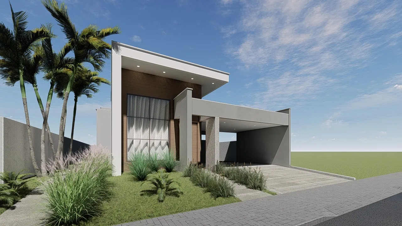 Projeto de casa térrea com 157,74 m², 2 suítes, 4 quartos, 2 vagas de garagem, 4 banheiros, closet e área gourmet. Perfeito para lote de 12x25m. Disponível no site Solidar Projetos.