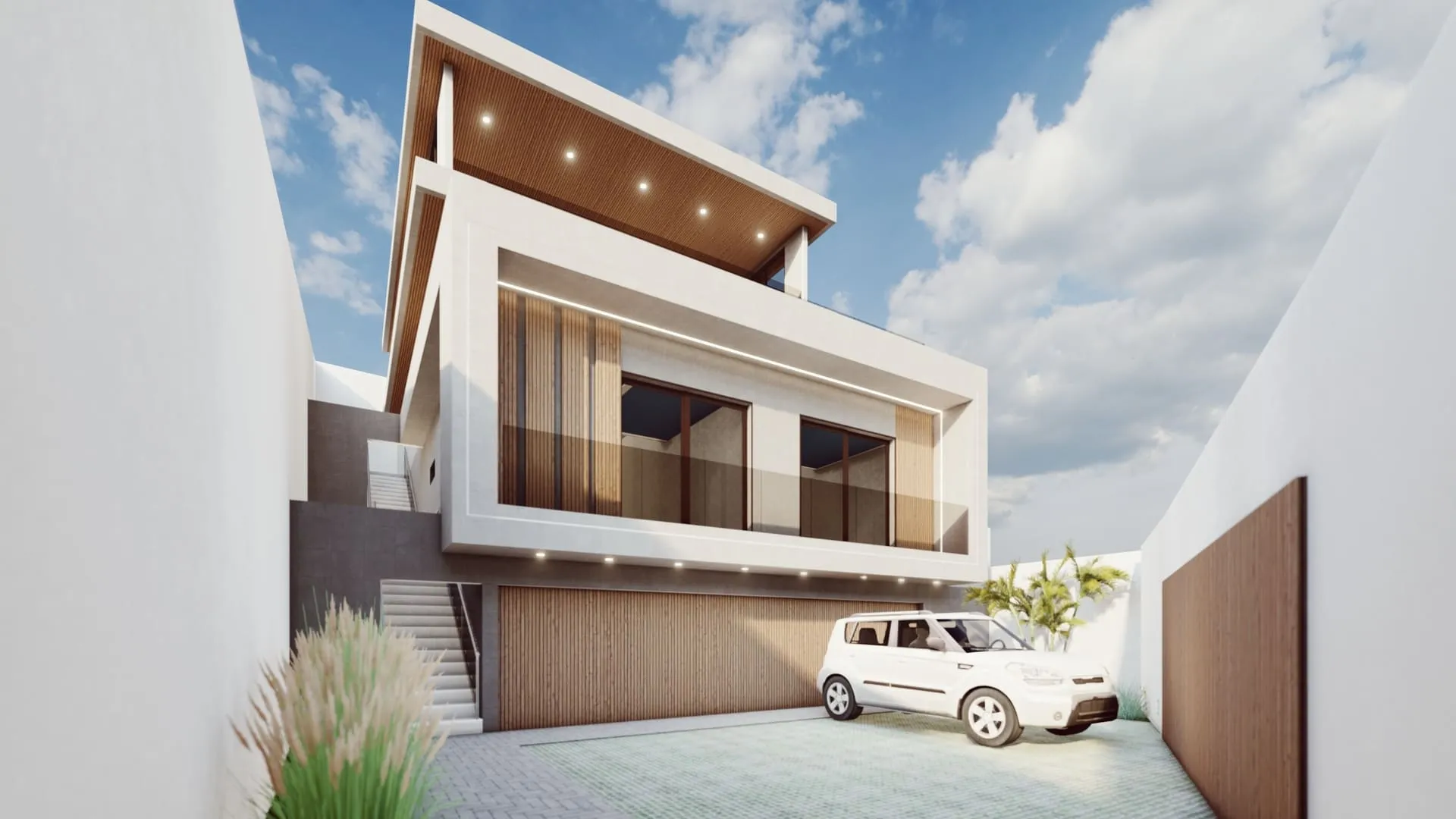Projeto de casa triplex com 293,06 m², 5 quartos, 9 vagas de garagem, 3 suítes, 5 banheiros, área gourmet e piscina. Ideal para lote de 14x35m. Disponível no site Solidar Projetos.