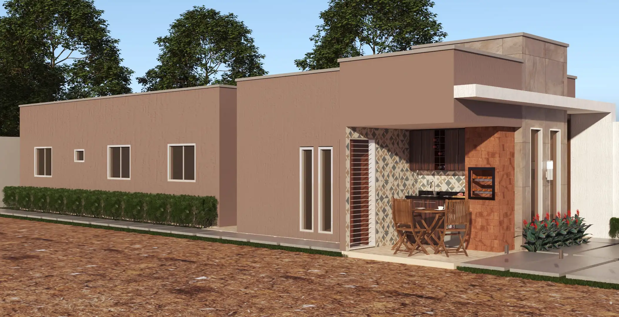 Projeto de casa térrea com 89,19 m², 1 suíte, 3 quartos, vagas de garagem, 2 banheiros e área gourmet. Ideal para lote de 6x25m. Disponível no site Solidar Projetos.