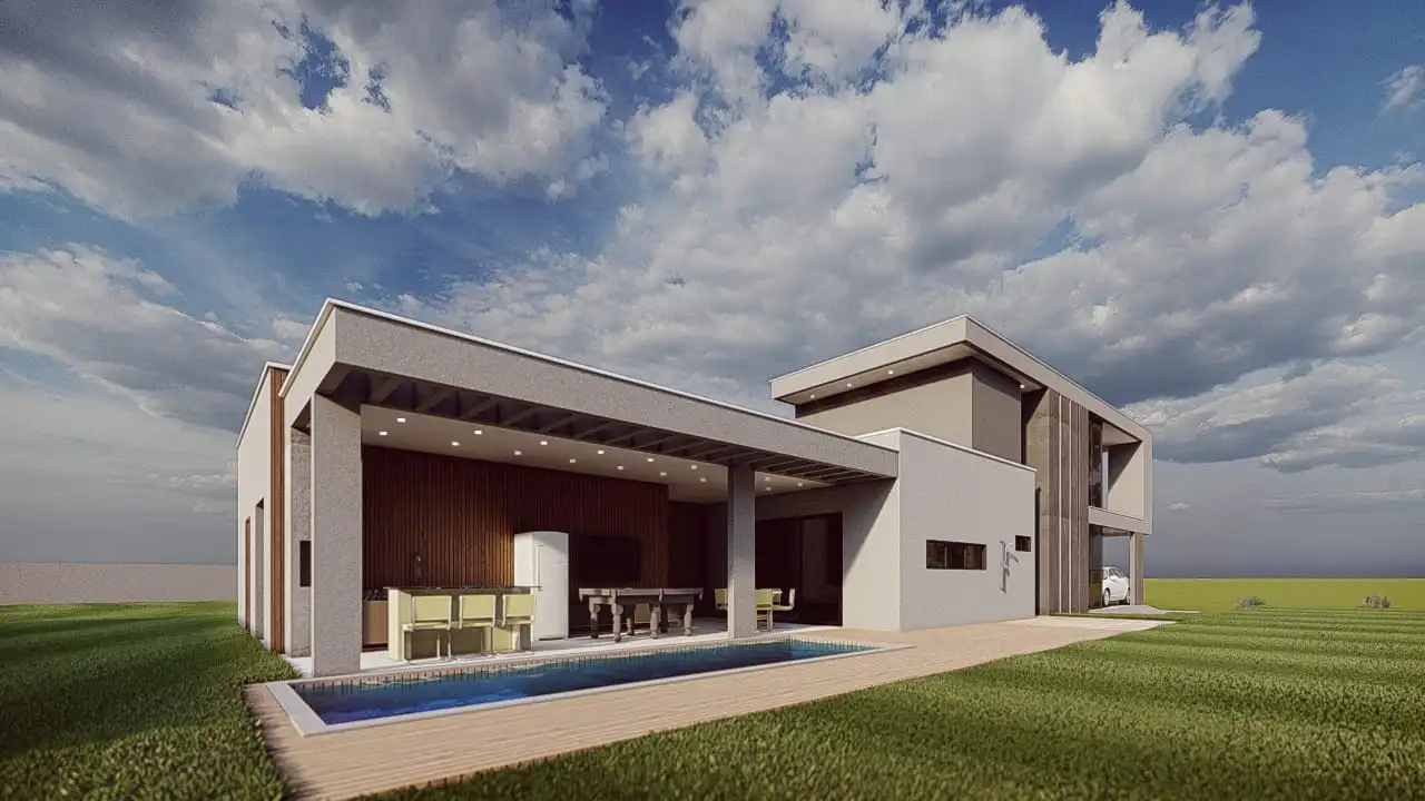 Projeto de casa térrea com pé direito duplo, 270,60 m² de área construída, 5 quartos, 5 suítes, 6 banheiros, 4 vagas de garagem, área gourmet, closet e piscina. Ideal para lote de 16x40m. Disponível no site Solidar Projetos.