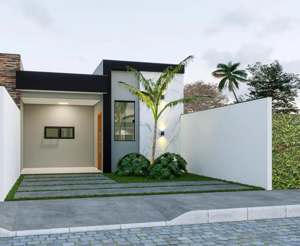 Projeto de casa térrea com 90,87 m² de área construída, suíte, 2 banheiros, 1 vaga de garagem e closet para lote de 6x25 metros