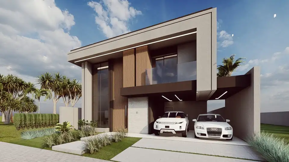 Projeto de casa sobrado com 237,38 m², 5 quartos, 5 suítes, 6 banheiros, 2 vagas de garagem, área gourmet e closet. Perfeito para lote de 13x24m. Disponível no site Solidar Projetos.