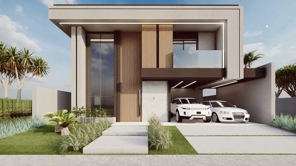 Projeto de casa sobrado com 237,38 m², 5 quartos, 5 suítes, 6 banheiros, 2 vagas de garagem, área gourmet e closet. Perfeito para lote de 13x24m. Disponível no site Solidar Projetos.