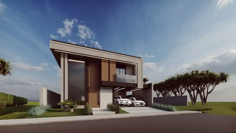 Projeto de casa sobrado com 237,38 m², 5 quartos, 5 suítes, 6 banheiros, 2 vagas de garagem, área gourmet e closet. Perfeito para lote de 13x24m. Disponível no site Solidar Projetos.