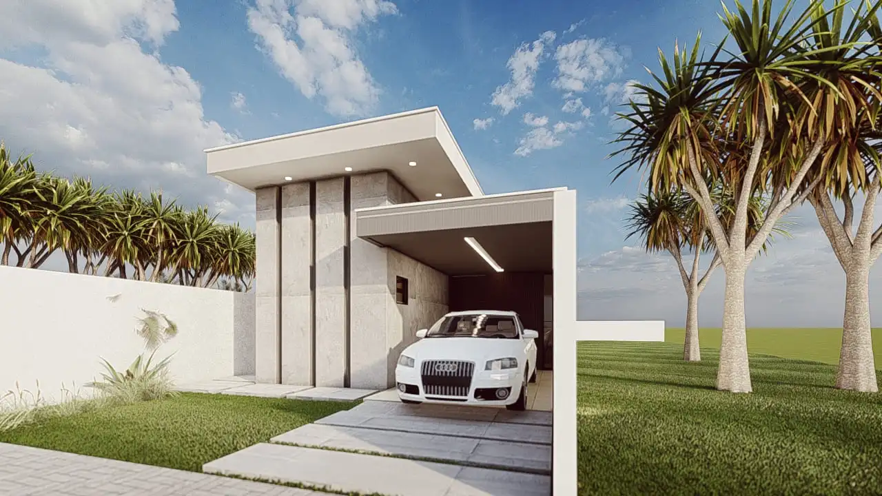 Projeto de casa térrea com 82,91 m² de área construída, suíte, 2 banheiros, 1 vaga de garagem para lote de 8x30 metros
