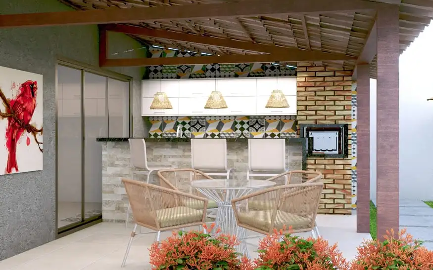 Projeto de sobrado com 203,70 m² de área construída, suíte com closet, 3 quartos, área gourmet, 2 vagas de garagem e 3 banheiros, ideal para lote de 11x25m