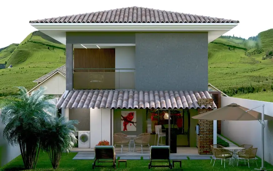 Projeto de sobrado com 203,70 m² de área construída, suíte com closet, 3 quartos, área gourmet, 2 vagas de garagem e 3 banheiros, ideal para lote de 11x25m