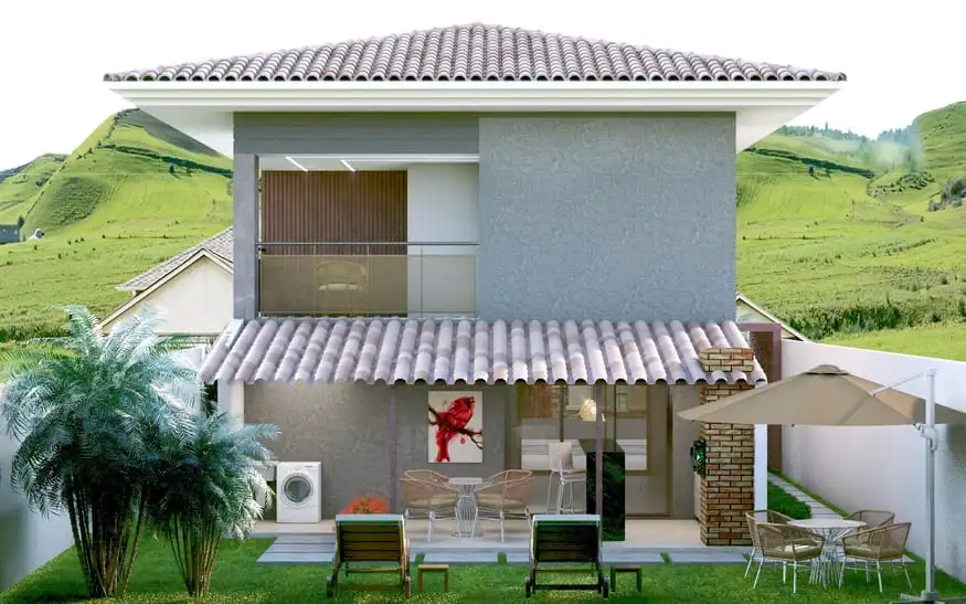 Projeto de sobrado com 203,70 m² de área construída, suíte com closet, 3 quartos, área gourmet, 2 vagas de garagem e 3 banheiros, ideal para lote de 11x25m