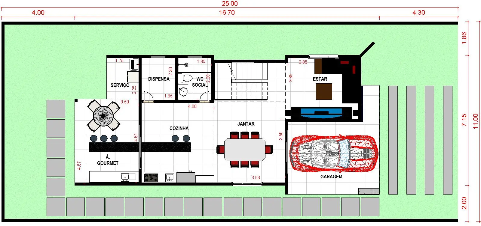 Projeto de sobrado com 203,70 m² de área construída, suíte com closet, 3 quartos, área gourmet, 2 vagas de garagem e 3 banheiros, ideal para lote de 11x25m