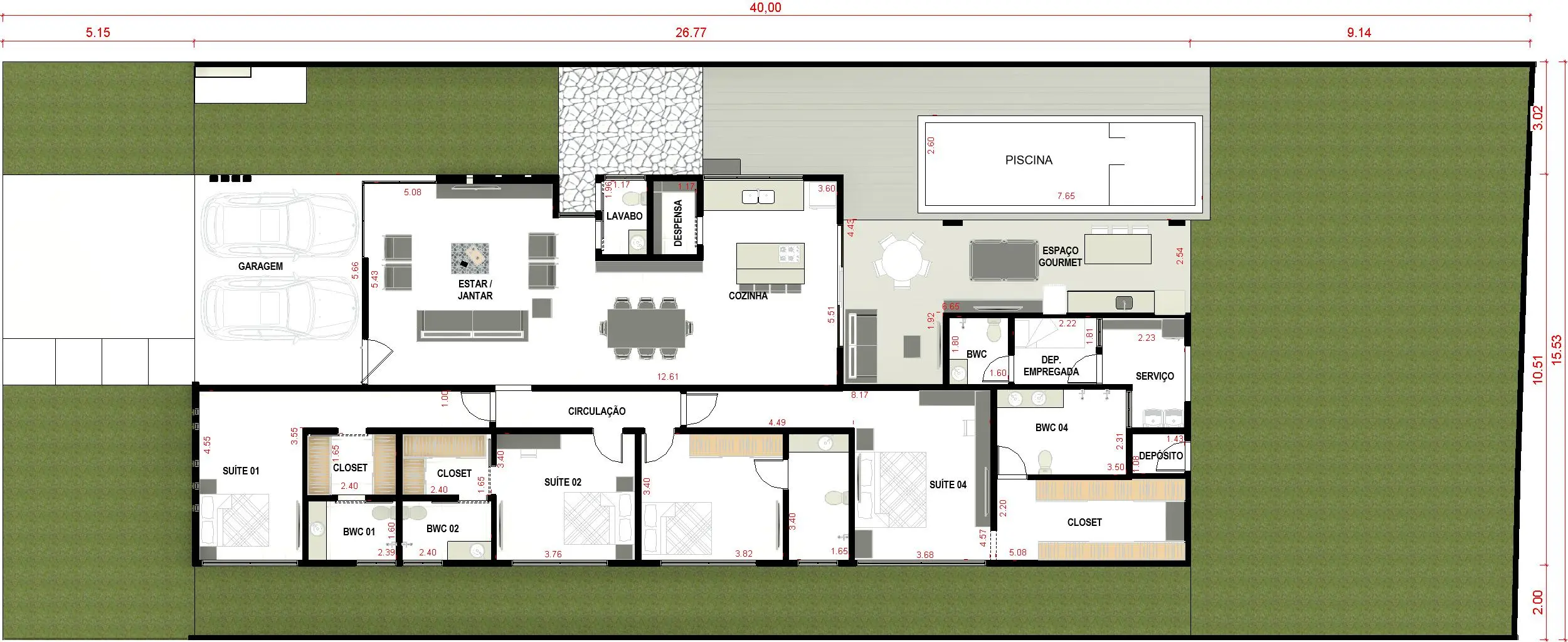 Projeto de casa térrea com pé direito duplo, 270,60 m² de área construída, 5 quartos, 5 suítes, 6 banheiros, 4 vagas de garagem, área gourmet, closet e piscina. Ideal para lote de 16x40m. Disponível no site Solidar Projetos.