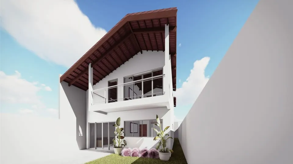 Projeto de casa sobrado com 110,57 m² de área construída, 2 suítes, 3 banheiros, 1 vaga de garagem, e área gourmet para lote de 8x20 metros
