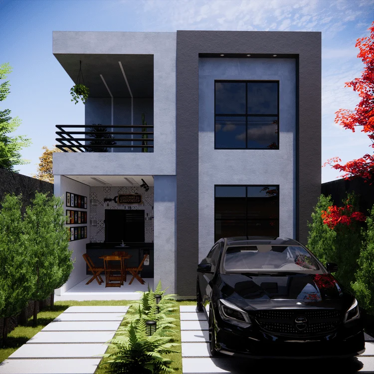 Sobrado moderno com 122,66 m², 3 quartos, 2 suítes (uma com varanda), 3 banheiros, 1 vaga de garagem, área íntima reservada, closet, área gourmet e cozinha integrada com sala - Ideal para lote de 06x20m