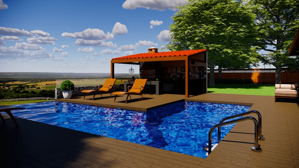 Projeto de casa de campo térrea com 330,53 m², oferecendo 3 quartos, 3 vagas de garagem, suíte master, área gourmet, piscina, e design exclusivo para lote de 20x30m. Ideal para quem busca conforto e elegância em um refúgio no campo.