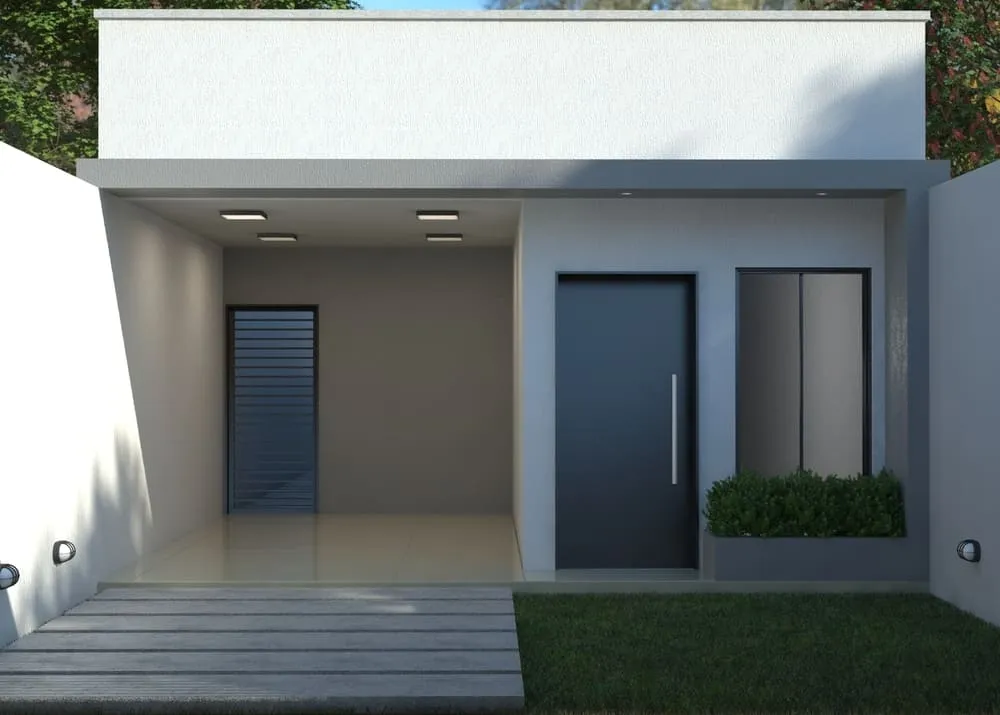 Projeto de casa térrea com 91,12m², 2 quartos, suíte, 2 banheiros e 2 vagas de garagem. Ideal para terrenos de 6x25m. Design funcional e moderno. Disponível na Solidar Projetos.