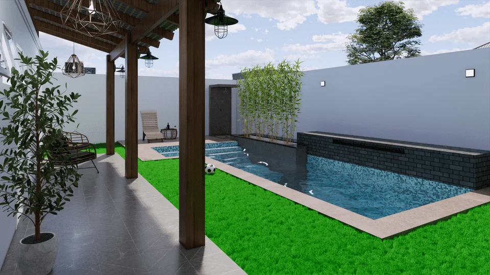 Projeto de casa duplex com 243,33m², 3 quartos, 2 suítes, 4 vagas de garagem, área gourmet e piscina. Espaço ideal para famílias em lote de 12x30m. Disponível na Solidar Projetos.