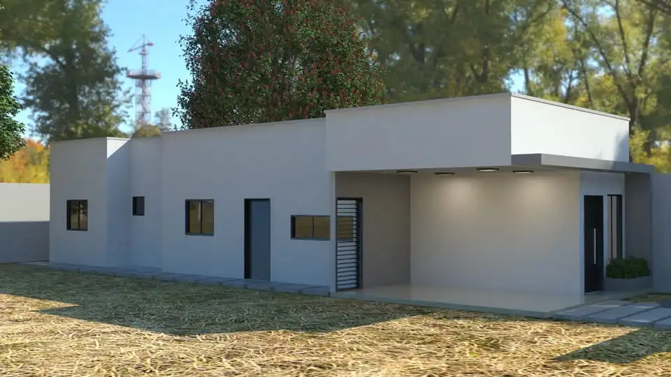Projeto de casa térrea com 91,12m², 2 quartos, suíte, 2 banheiros e 2 vagas de garagem. Ideal para terrenos de 6x25m. Design funcional e moderno. Disponível na Solidar Projetos.