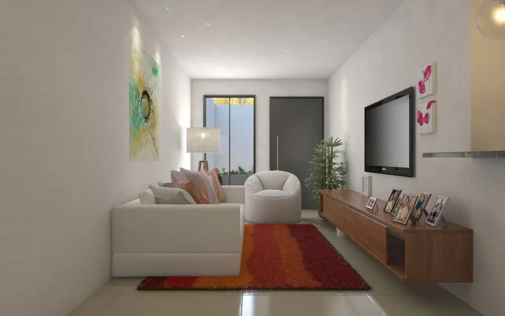 Projeto de casa térrea com 91,12m², 2 quartos, suíte, 2 banheiros e 2 vagas de garagem. Ideal para terrenos de 6x25m. Design funcional e moderno. Disponível na Solidar Projetos.
