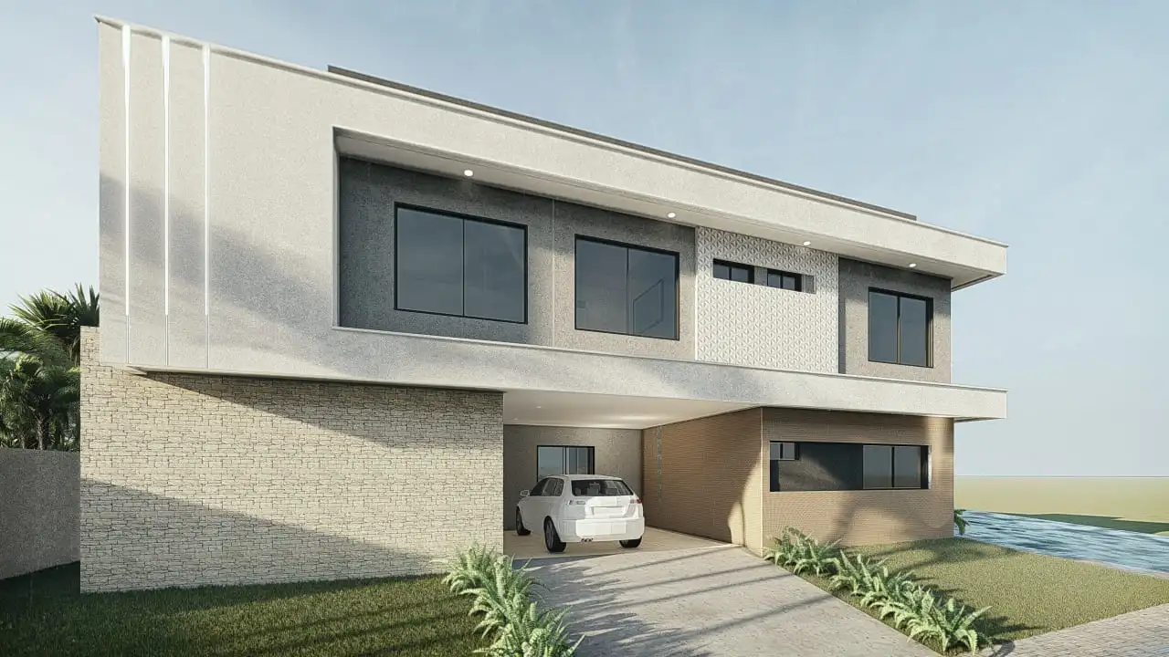 Sobrado para condomínio fechado com 213,96 m², 5 quartos, 4 suítes (3 com closet e 1 de empregada), 6 banheiros, área gourmet com piscina, cozinha com despensa e fachada imponente - Ideal para lote de 20x20m