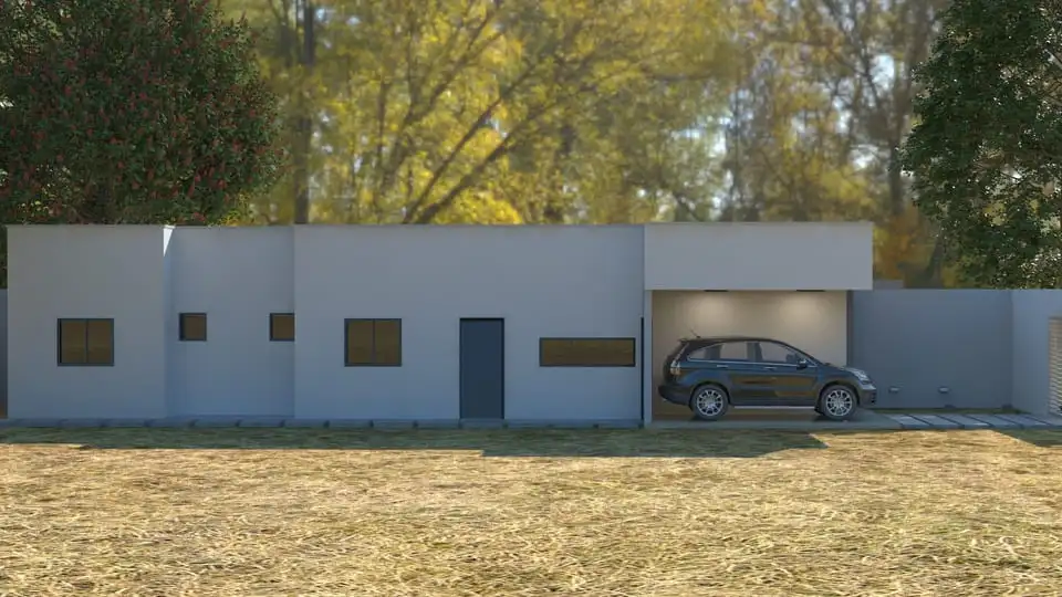 Projeto de casa térrea com 91,12m², 2 quartos, suíte, 2 banheiros e 2 vagas de garagem. Ideal para terrenos de 6x25m. Design funcional e moderno. Disponível na Solidar Projetos.