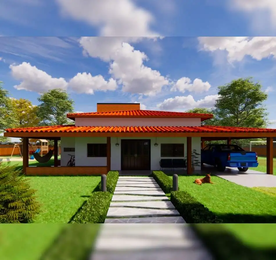 Projeto de casa de campo térrea com 330,53 m², oferecendo 3 quartos, 3 vagas de garagem, suíte master, área gourmet, piscina, e design exclusivo para lote de 20x30m. Ideal para quem busca conforto e elegância em um refúgio no campo.