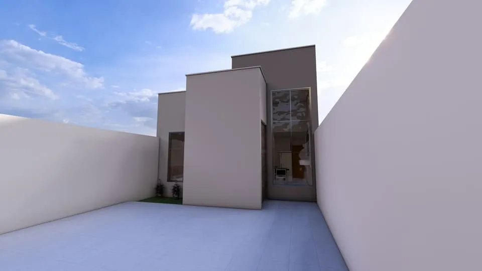 Projeto de casa térrea com 52,53 m², 2 quartos, suíte, 2 vagas de garagem, cozinha integrada e 2 banheiros - Ideal para lote de 06x25m