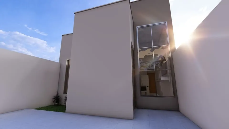 Projeto de casa térrea com 52,53 m², 2 quartos, suíte, 2 vagas de garagem, cozinha integrada e 2 banheiros - Ideal para lote de 06x25m