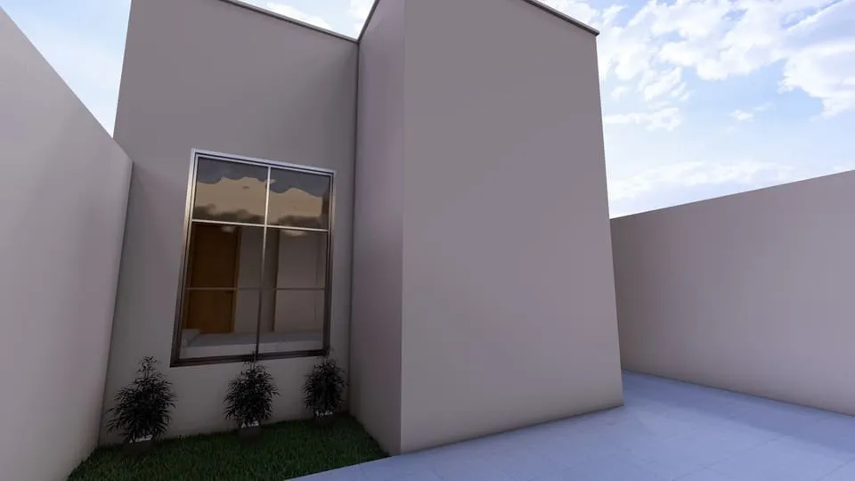 Projeto de casa térrea com 52,53 m², 2 quartos, suíte, 2 vagas de garagem, cozinha integrada e 2 banheiros - Ideal para lote de 06x25m