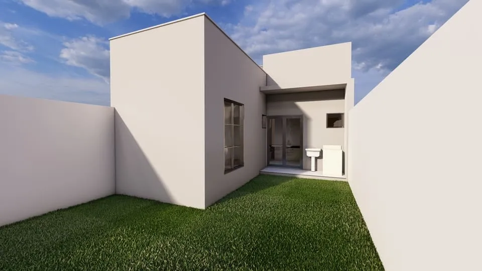 Projeto de casa térrea com 52,53 m², 2 quartos, suíte, 2 vagas de garagem, cozinha integrada e 2 banheiros - Ideal para lote de 06x25m