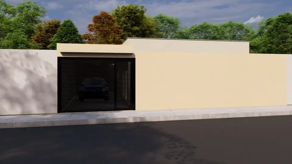 Projeto de casa térrea moderna, 71,86 m² com 2 quartos, suíte, 1 vaga de garagem, para lote de 12x15m - fachada simples e funcional