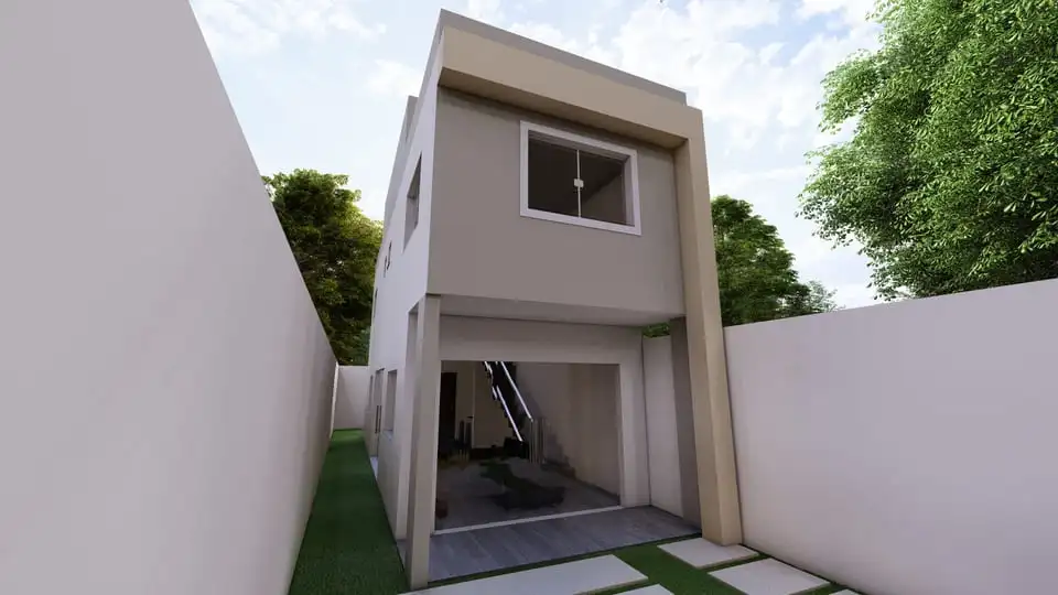 Sobrado com 91,24 m², 2 suítes, 3 banheiros, 1 vaga de garagem, área íntima reservada e fachada moderna - Ideal para lote de 05x20m