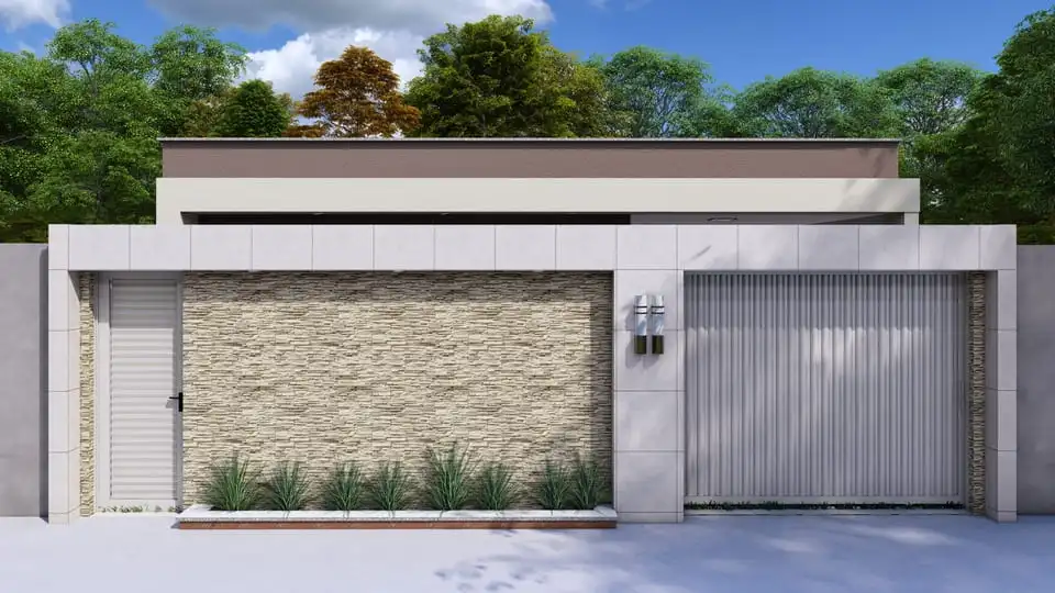 Projeto de casa térrea com 107,60 m² de área construída, 3 quartos, 1 vaga de garagem, suíte com closet, 2 banheiros e fachada moderna em lote de 8x20m. Ideal para quem busca privacidade e conforto. Projeto disponível no site Solidar Projetos.