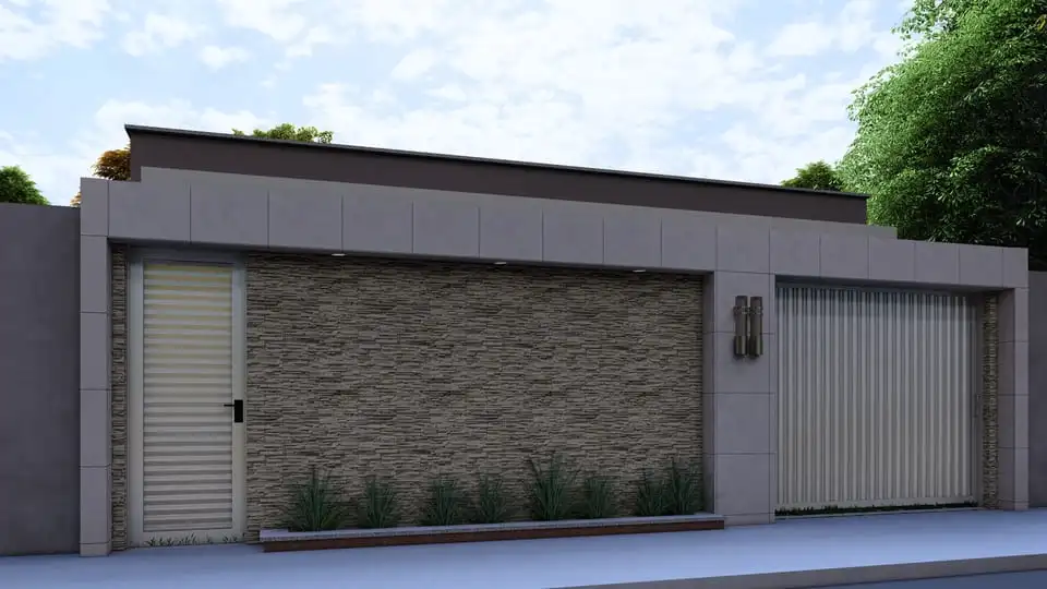 Projeto de casa térrea com 107,60 m² de área construída, 3 quartos, 1 vaga de garagem, suíte com closet, 2 banheiros e fachada moderna em lote de 8x20m. Ideal para quem busca privacidade e conforto. Projeto disponível no site Solidar Projetos.