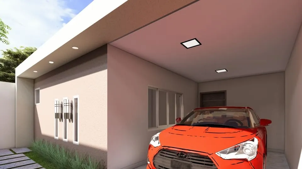Projeto de casa térrea com 107,60 m² de área construída, 3 quartos, 1 vaga de garagem, suíte com closet, 2 banheiros e fachada moderna em lote de 8x20m. Ideal para quem busca privacidade e conforto. Projeto disponível no site Solidar Projetos.