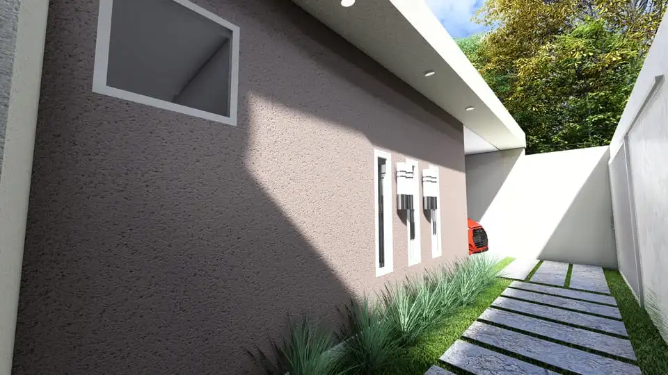 Projeto de casa térrea com 107,60 m² de área construída, 3 quartos, 1 vaga de garagem, suíte com closet, 2 banheiros e fachada moderna em lote de 8x20m. Ideal para quem busca privacidade e conforto. Projeto disponível no site Solidar Projetos.
