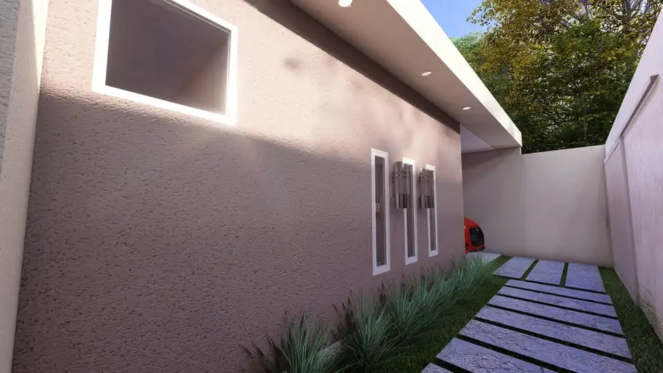 Projeto de casa térrea com 107,60 m² de área construída, 3 quartos, 1 vaga de garagem, suíte com closet, 2 banheiros e fachada moderna em lote de 8x20m. Ideal para quem busca privacidade e conforto. Projeto disponível no site Solidar Projetos.