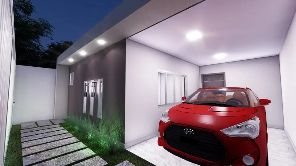 Projeto de casa térrea com 107,60 m² de área construída, 3 quartos, 1 vaga de garagem, suíte com closet, 2 banheiros e fachada moderna em lote de 8x20m. Ideal para quem busca privacidade e conforto. Projeto disponível no site Solidar Projetos.